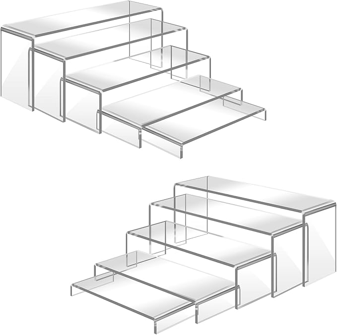 10 Pcs Large Acrylic Display Risers, 2 Sets Clear Risers Display Stands, 0.19" Thick Large Acrylic Risers for Display, Clear Rectangular Display Shelf for Showcase Cupcake Dessert Toys Perfume