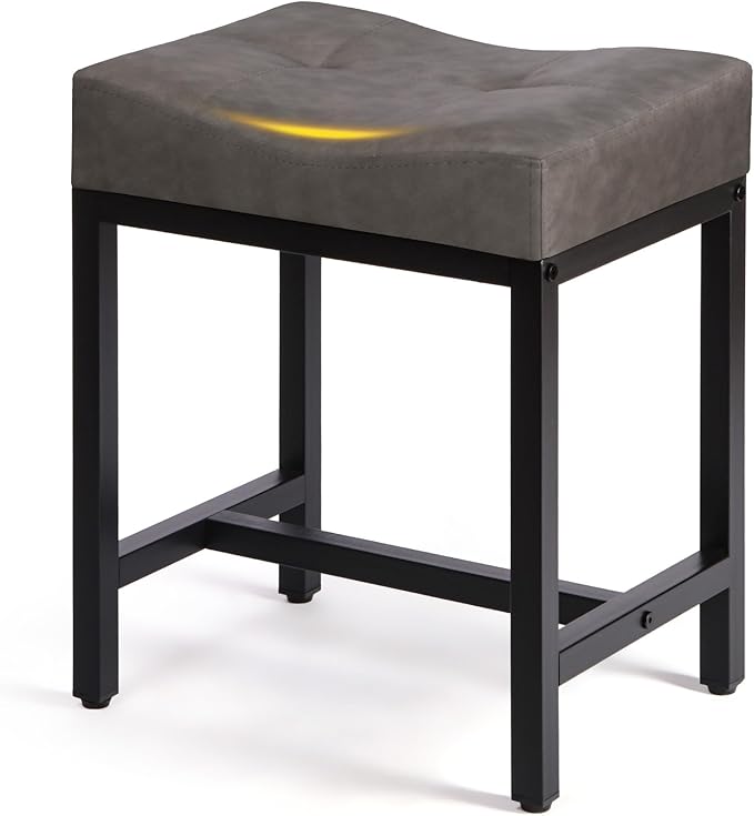 Saddle Seat Vanity Stool, Makeup Stool Chair with Metal Leg, U-Shaped Leather Ottoman Foot Rest Stool, Small Square Chairs Under Desk for Vanity, Living Room, Bedroom, Modern Makeup Bench Grey&Black