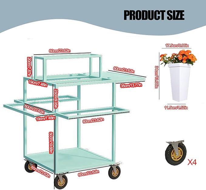 Metal Garden Cart Plant Stand with 18pcs Buckets and parasols, Slide Out Rolling Flower Display Rack, for Florist, Patio Garden, Weddings Party, Business Market (pink)
