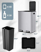 Arlopu 16Gal Dual Trash Can w/2 Built-in Box for Odor Control, Hands-Free Kitchen Garbage Bin, Recycle Waste Dustbin, Soft-Close Lid, 2 Buckets,Foot Pedal, Side Handle, Airtight,for Home (Silver)
