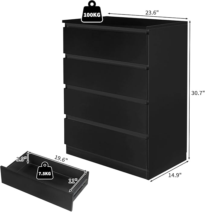 Dresser for Bedroom, Modern Wood Dresser Chest of Drawers, No Handle Storage Cabinet for Girls, Anti-Tipping Device, Living Room, Home Office, Hallway Organizer (Black, 4 Drawers)