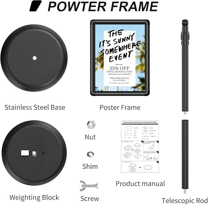 Sign Holder Floor Display Stand: 8.5 x 11 inch Adjustable Standing Signage Stand with Snap Frame for Malls Schools Restaurants (Black, 8.5 x 11" (2 PACK))