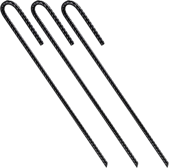 Rebar U/J Hook Extra Heavy Duty, 12 inch x 1/4 inch Rust Proof Coated Steel Ground Anchors for Garden, Tent, Trampoline (10pcs, J-Hook)