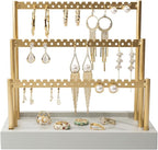 SANY DAYO HOME 3-Tier Earring Holder Organizer Stand, 105 Holes Gold Metal Earring Rack Jewelry Display Tree with Gray Wood Tray for Women and Girls