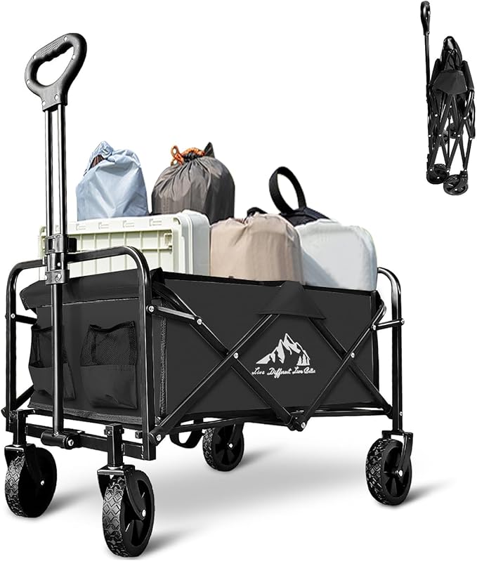 Collapsible Utility Cart Folding Wagon, 220 lbs Capacity Lightweight Rolling Cart with Quiet Wheels, Quick-Fold Design for Camping, Shopping, Ourdoor Use, Black