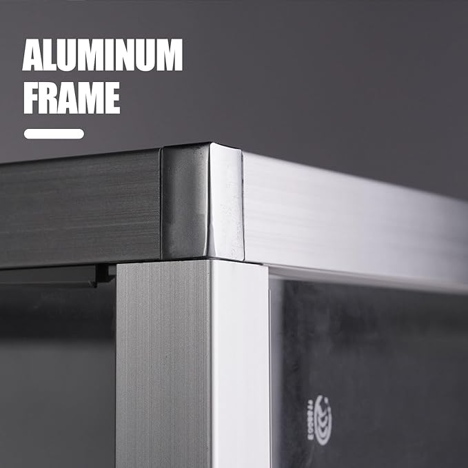 48”D * 20”W * 38”H - Freestanding Retail LED Full Vision Glass Display Case, Black Aluminum Frame, Two Adjustable Height Tempered Glass Shelves