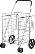 Goplus Jumbo Folding Shopping Cart with Rolling Swivel Wheels, Foldable Grocery Cart on Wheels with Double Basket, Heavy Duty Utility Cart, Shopping Carts for Groceries Laundry Book Luggage Travel