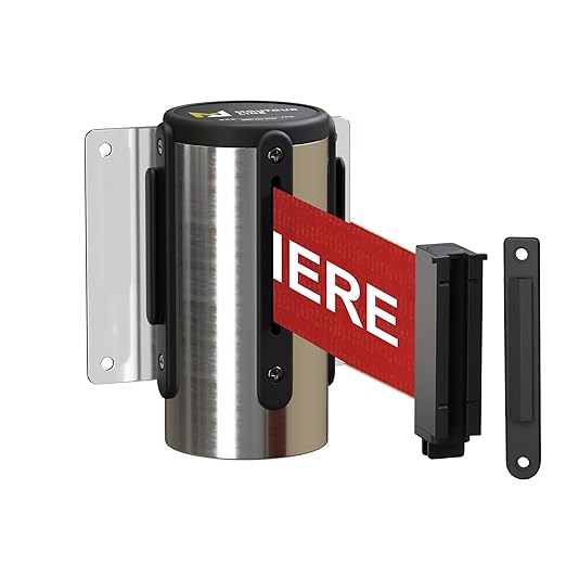 Montour Line WM115 Wall Mounted Retractable Belt Barrier with Standard Belt End, Fixed Mount, Polished Stainless Steel Casing (8.5 ft Red with"Please Wait HERE" White Letters Belt)