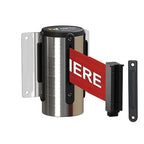 Montour Line WM115 Wall Mounted Retractable Belt Barrier with Standard Belt End, Fixed Mount, Polished Stainless Steel Casing (8.5 ft Red with"Please Wait HERE" White Letters Belt)