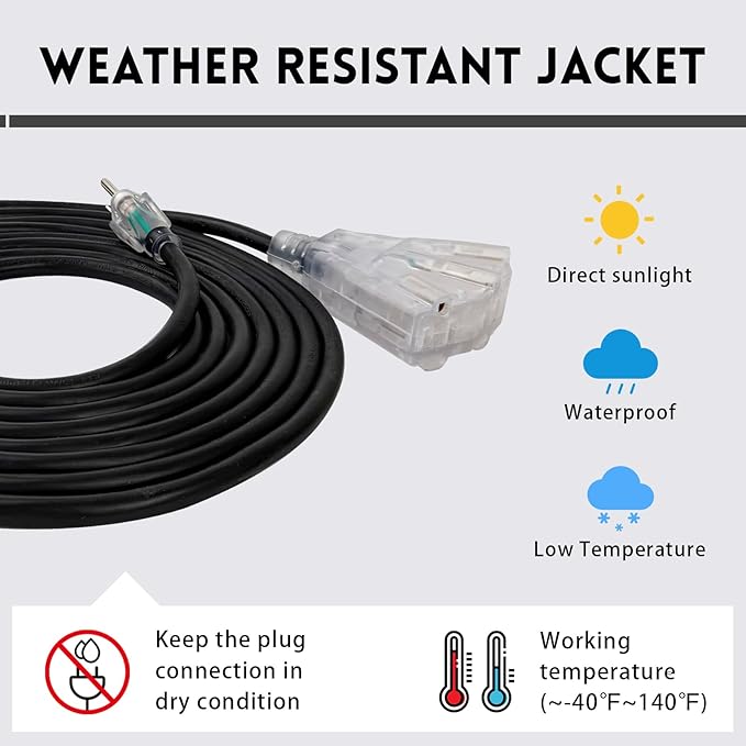 EP 50 Ft Lighted Outdoor Extension Cord with 3 Electrical Power Outlets - 14/3 SJTW Heavy Duty Black Extension Cable with 3 Prong Grounded Plug - Power Cord for Lawn, Garden, Appliances