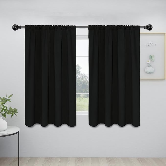 Easy-Going Rod Pocket Blackout Curtains for Bedroom, Room Darkening Window Curtains for Living Room, Thermal Insulated Noise Reduction Solid Window Drapes, 2 Panels(42x54 in, Black)