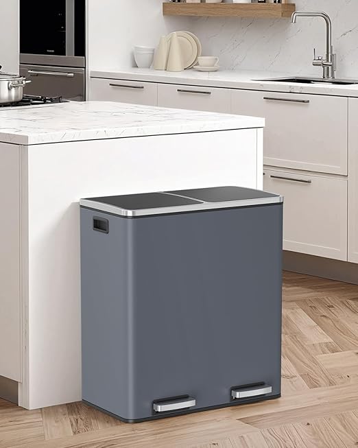 Arlopu Dual Trash Can, 2 x 8 Gallon (2 x 30 L) Hands-Free Trash and Recycle Bin Combo, Stainless Steel Kitchen Garbage Can with Soft-Close Lid, Removable Inner Buckets, Step Pedal, Airtight (Grey)