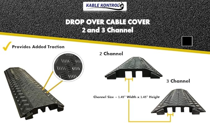 Kable Kontrol Drop Over Floor Cord Cover – 40” Inch Long 2 Channel Cable or Wire Protector – 5 Pcs Bulk Pack - Rubber Ramp for Indoor and Outdoor Use – Black