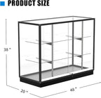 48”D * 20”W * 38”H - Freestanding Retail LED Full Vision Glass Display Case, Black Aluminum Frame, Two Adjustable Height Tempered Glass Shelves
