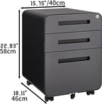 3 Drawer Mobile File Cabinet with Lock, Under Desk Metal Filing Cabinet for Home Office, Assembled Removable Under Desk Storage with Wheels for A4-Size/Letter-Size/Legal-Size (Grey)