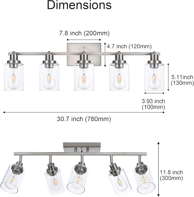 5 Light Track Lighting Kit Brushed Nickel Kitchen Track Lighting Fixtures Ceiling Mount Bathroom Vanity Wall Scones Light Fixture with Clear Glass, Rotatable Spotlight for Kitchen Shop Hallway
