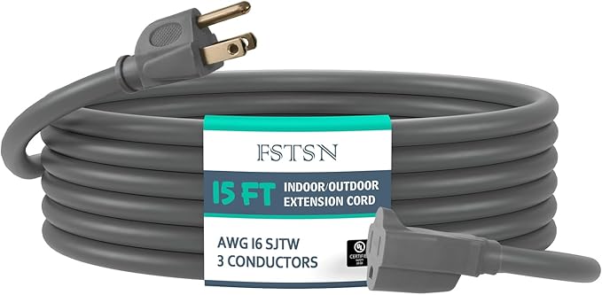 15 Ft Heavy Duty Indoor Outdoor Extension Cord - 16/3 SJTW Waterproof Power Cable with 3 Prong Grounded Plug, Grey - Durable, Weather Resistant, for Home, Garden, and Worksite Use