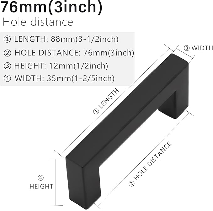 Cabinet Pulls Matte Black Cabinet Handles Square Drawer Pulls, 5 Pack 3 Inch Stainless Steel Kitchen Door Cupboard Cabinet Handles, Drawer Hardware Handles, 76mm Hole Centers
