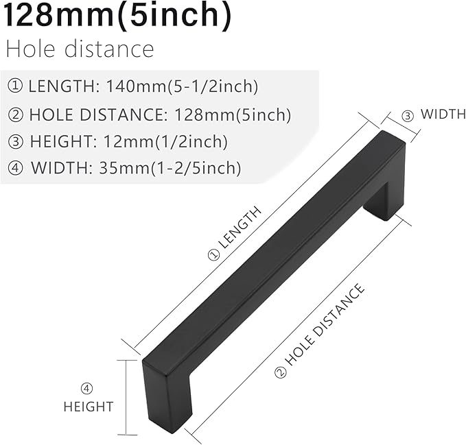Cabinet Pulls Matte Black Cabinet Handles Square Drawer Pulls, 10 Pack 5 Inch Stainless Steel Kitchen Door Cupboard Cabinet Handles, Drawer Hardware Handles, 128mm Hole Centers
