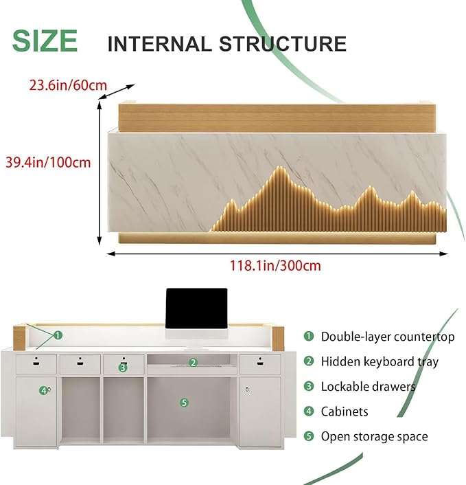 Modern Reception Desk with Counter Front Reception Table with Hidden LED Lighting Commercial Receptionist Desk Wood and White Checkout Counter Fully Assembled and Ready to Use 118inch/300cm