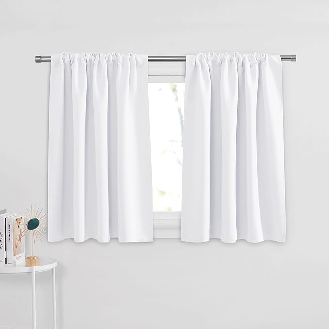 PONY DANCE Short Length Curtains for Kitchen, Light Filtering RV Small Curtain Tiers, 50% Room Darkening Window Drapes for Basement, Wide 29 x Long 30 inches per Panel, Pure White, Set of 2