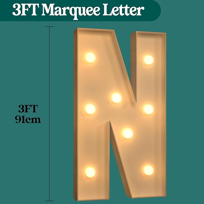 Marquee Letters 3 Feet Tall, 3FT Large Light up Letters N, Big Sign N with Warm White Light for Birthday Wedding Proposal Engagement Graduation Party Backdrop Decorations