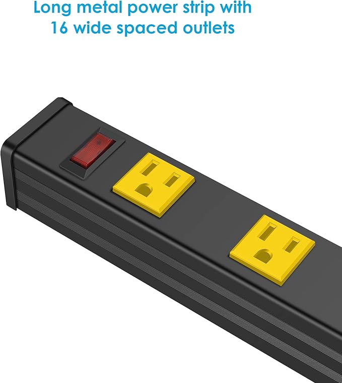 JUNNUJ Long Metal 16 Outlet Wide Spaced Garage Industrial Heavy Duty Power Strip with 6 FT Cord 15A, 125V, 1875W. Yellow
