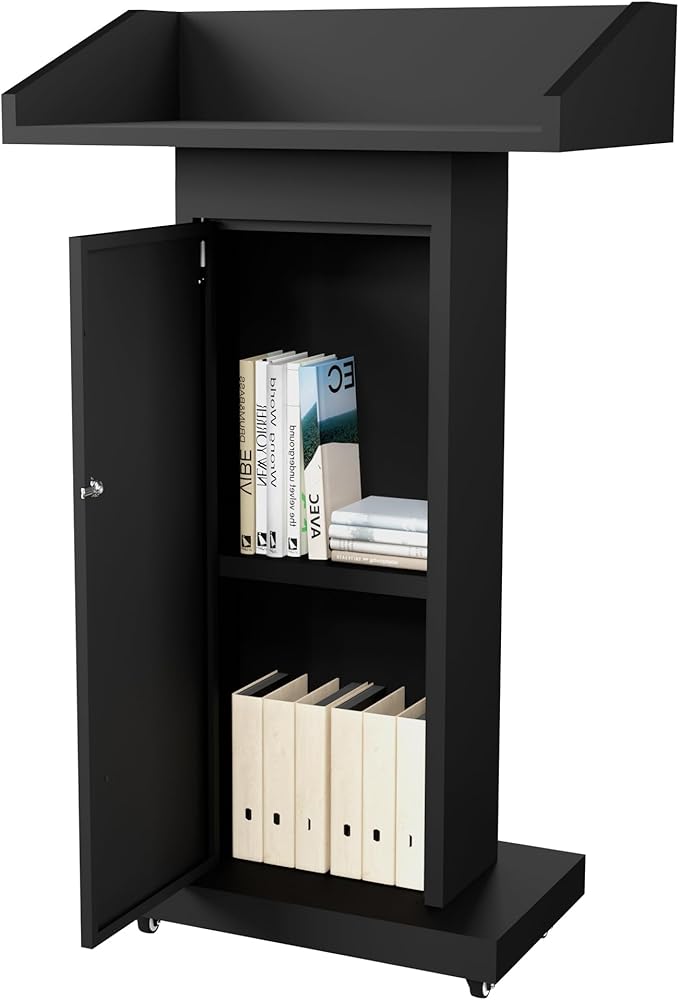 Tredre Podium Stand with Wheels for Lectern Presentation, Heavy-Duty Metal Pulpits for Offices, Classrooms, Conferences and Churches, Scratch-Resistant Surface, Hidden 2-Tier Storage, 46.5”H Black