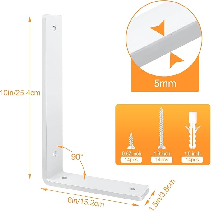 White Floating Shelf Bracket 10 Inch, 6 Pack Heavy Duty Shelf Brackets, Wall Shelf Bracket for DIY Decorative with Mounting Hardware