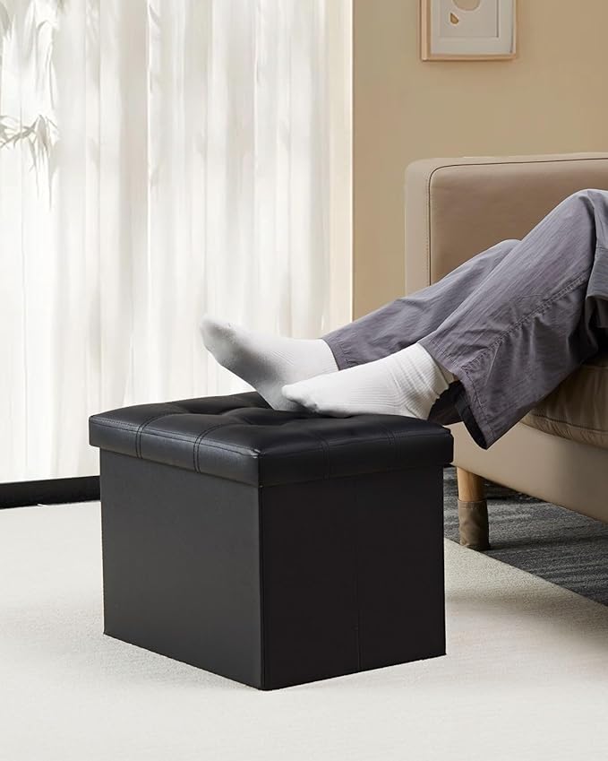 2PC Storage Ottoman, Folding Foot Stool with Thicker Foam Padded Seat Small Leather Storage Ottoman Bench Foot Rest for Living Room Foldable Coffee Table 17x13x13in,Black