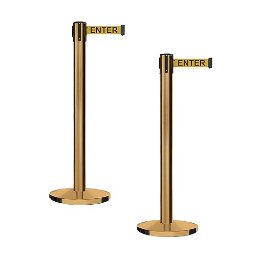 Montour Line MI650 Set of 2 Retractable Belt Barrier Stanchion, Cast Iron Base, Satin Brass Post (16 ft Yellow with"Caution - DO NOT Enter" Black Letters Belt)