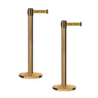 Montour Line MI650 Set of 2 Retractable Belt Barrier Stanchion, Cast Iron Base, Satin Brass Post (16 ft Yellow with"Caution - DO NOT Enter" Black Letters Belt)