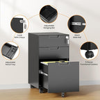 3 Drawer File Cabinet with Lock, Fully Assembled Metal Mobile Filing Cabinets for Home Office, Small Rolling File Caninet on Wheels for Legal/Letter / A4 File, Black