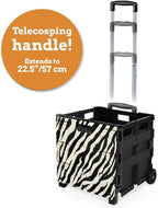 Inspired Living Ultra-Slim Rolling Collapsible Storage Pack-N-Roll Utility-carts, with Telescopic Handle, for Home, Garden, Shopping, Office, School use, Large, Zebra