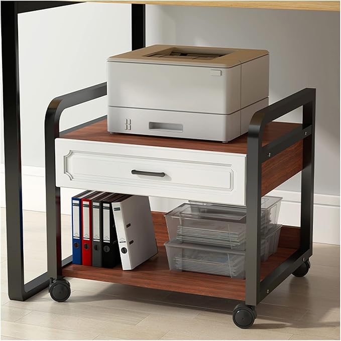 Printer Stand Office Printing 2 Tier Vintage Under Desk with Drawers and Caster Wheel for Home Table Organizer Mobile Shelf Cart Table