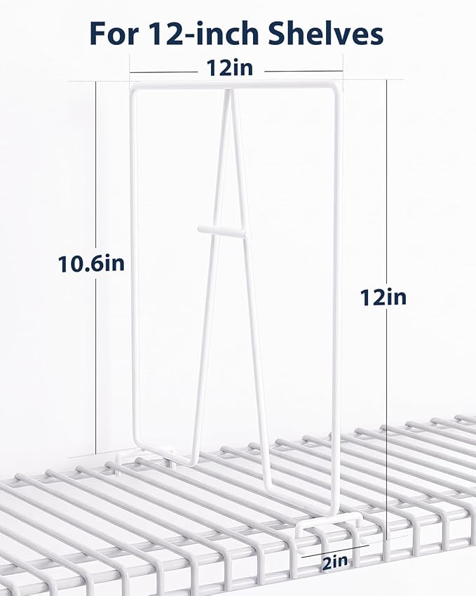 4 Pack Wire Shelf Dividers for Closet, Solid Coated Metal Closet Dividers for Closet Organization, Easy Install Closet Shelf Divider for 12'' Tall x 12'' Deep Wire Shelves and Storage, White