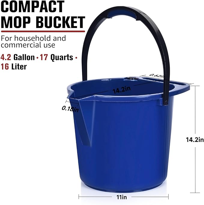 Matthew Cleaning 4.2 Gallon Mop Bucket, Heavy Duty Plastic Cleaning Bucket with Built-in Pour Spout, Mop Holder and Comfort Grip Handle, House and Commercial Cleaning Supplies, Case Pack 12 Pcs Blue