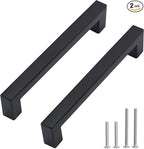 Cabinet Pulls Matte Black Cabinet Handles Square Drawer Pulls, 2 Pack 5 Inch Stainless Steel Kitchen Door Cupboard Cabinet Handles, Drawer Hardware Handles, 128mm Hole Centers