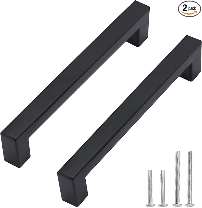 Cabinet Pulls Matte Black Cabinet Handles Square Drawer Pulls, 2 Pack 5 Inch Stainless Steel Kitchen Door Cupboard Cabinet Handles, Drawer Hardware Handles, 128mm Hole Centers