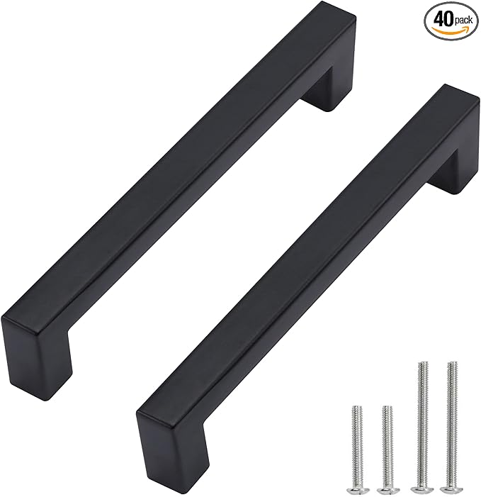 Cabinet Pulls Matte Black Cabinet Handles Square Drawer Pulls, 40 Pack 5 Inch Stainless Steel Kitchen Door Cupboard Cabinet Handles, Drawer Hardware Handles, 128mm Hole Centers