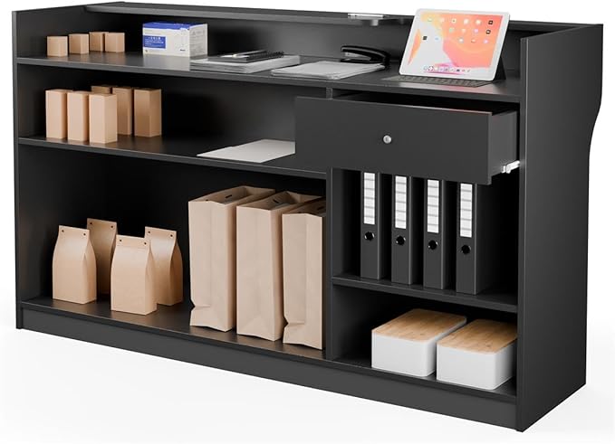 Free-Standing Black Melamine Register Stand, 72 w x 42 x 18-Inch, with Adjustable Shelves, Pull-Out Drawer, and Check Writing Area