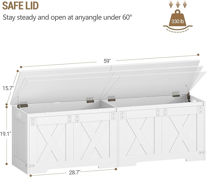 59" Storage Chest, Large Storage Trunk with 2 Hinges, Farmhouse Wooden Box Bench, Lift-Top Organizer Chest, Entryway Trunk for Bedroom, Living Room, White SB15003X