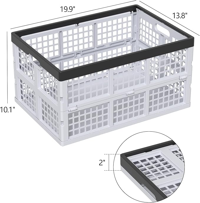 Pack of 3 Collapsible Storage Container Crates, Large Folding Basket Box with Handle, Grey, 42 L