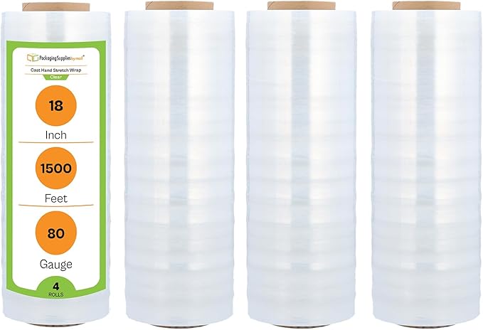 PSBM 4 Rolls 18 Inch x 1500 Feet 80 Gauge Stretch Film/Wrap Heavy Duty, Industrial Strength Clear Shrink Wrap for Shipping, Packaging, Moving, Bundling or Storage