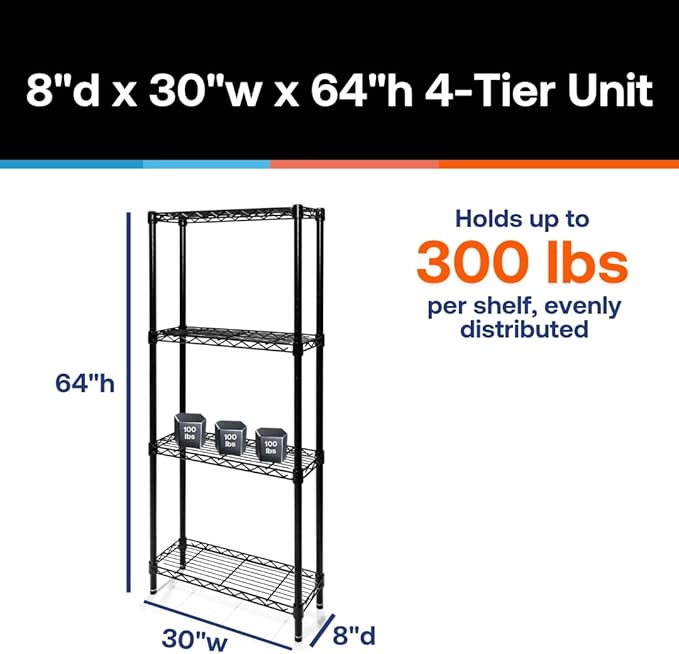 Shelving Inc. 8" d x 30" w x 64" h Black Wire Shelving with 4 Tier Shelves, Weight Capacity 300lbs Per Shelf