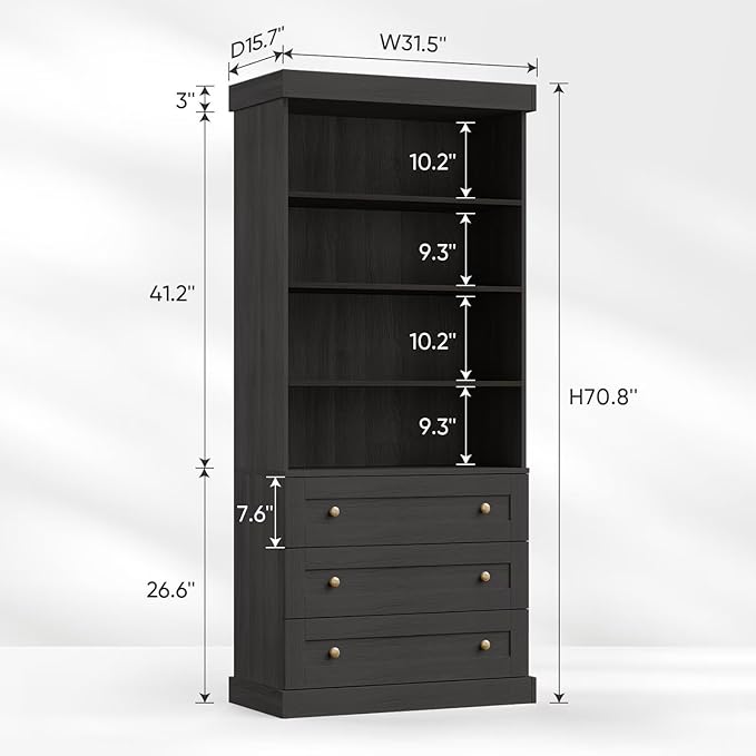 Vyre 71" Tall Farmhouse Bookshelves with Drawers, Large Modular Bookcase with Adjustable Shelves, Storage Cabinet for Living Room, Kitchen, Black, Set of 4