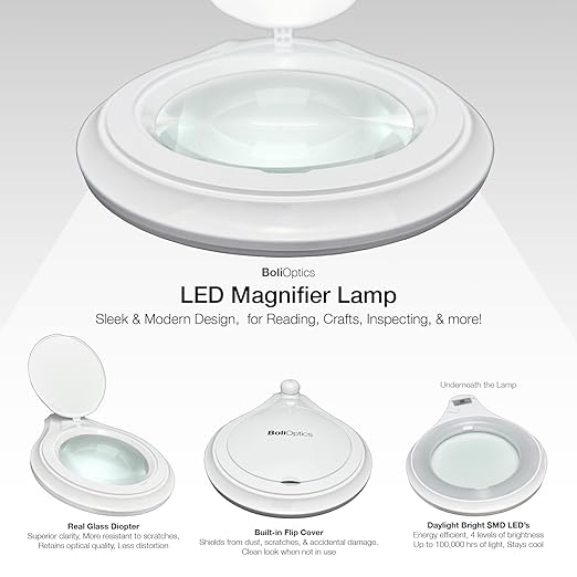 (5 inch Glass Lens) Professional LED Magnifying Lamp with Clamp, Dimmable, 1200 Lumens, 5600K-6000K Daylight Bright 60 SMD LED, Work Light Mounting Bracket Clamp (3 Diopter) BoliOptics MG16303121