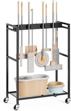 BORISI Broom And Mop Holder, Movable Broom Closet Storage Cabinet, Cleaning Cart with Mop Hanger Gripper Rack, Janitorial Cart, Utility Carts, Laundry Room Organization Home Essentials