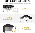 CROWN SHADES 10X10 Comercial Instant Canopy Pop Up Tent with Center Lock, 300D Fabric, 4 Sidewalls, Sto'N Go Bag, Black