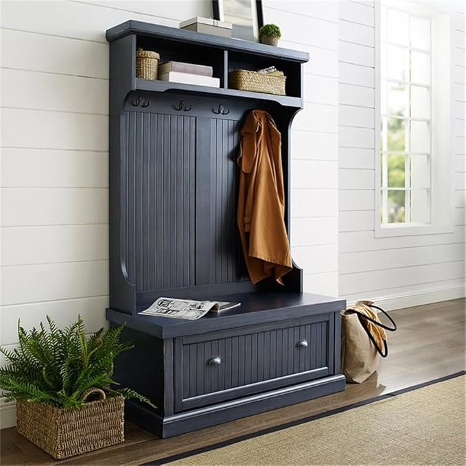 Pemberly Row Modern Wood 4 Hook Hall Tree in Distressed Navy